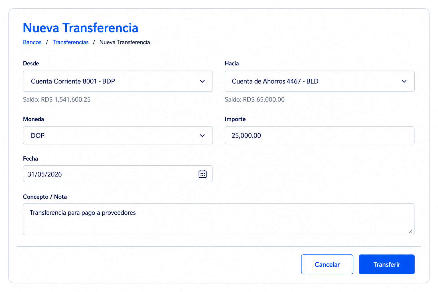 Registro de una transferencia entre cuentas
