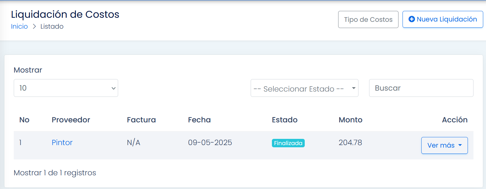 Listado de liquidaciones de costos en CloudYa