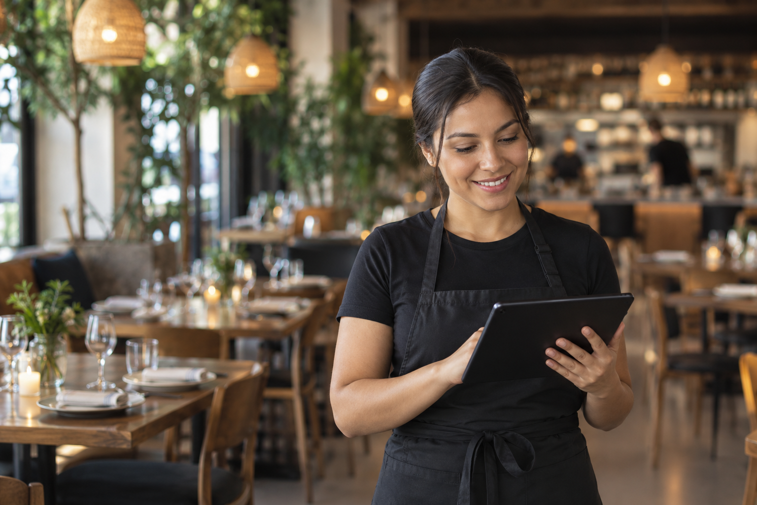 Encargada de restaurante tomando pedidos desde una tablet