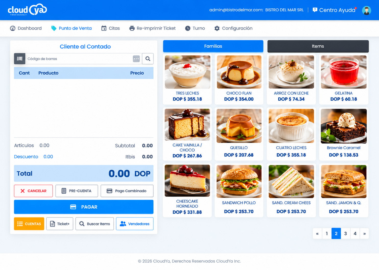 Punto de Venta de CloudYa con catálogo de productos, detalle de la cuenta y opciones de pago